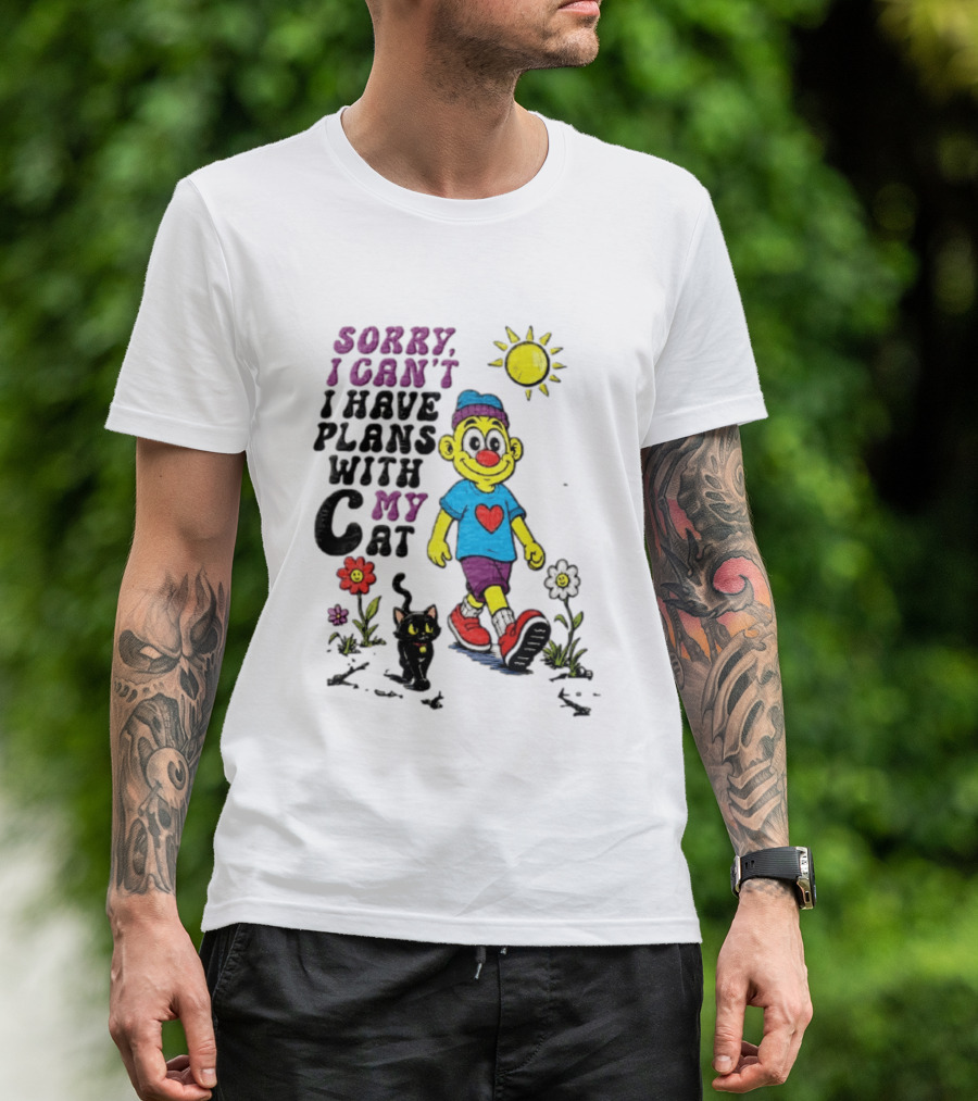 Sorry I Can't I Have Plans With My Cat Cartoon Yellow Figure Walking Sunflowers T-Shirt