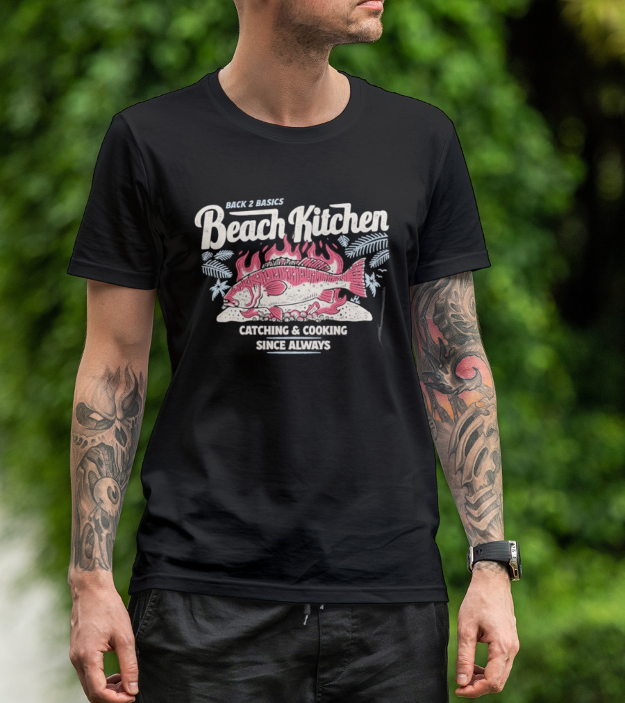 Back 2 Basics Beach Kitchen Catching Cooking Since Always Vintage Fish And Flames T-Shirt
