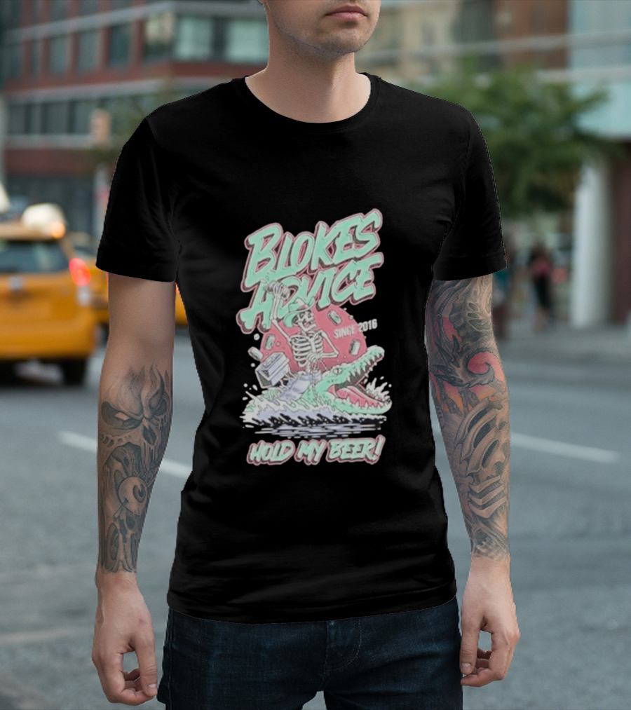 Blokes Advice Since 2016 Hold My Beer Skeleton Riding Alligator T-Shirt