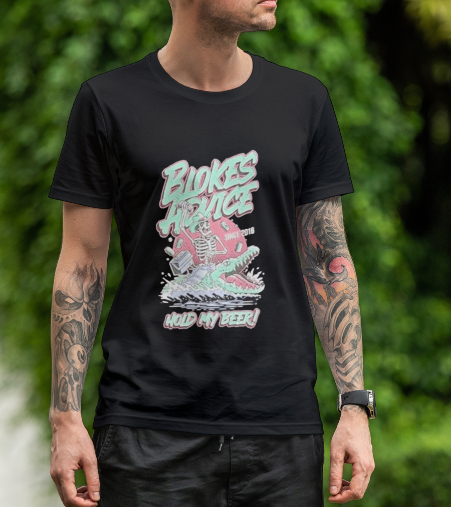 Blokes Advice Since 2016 Hold My Beer Skeleton Riding Alligator T-Shirt