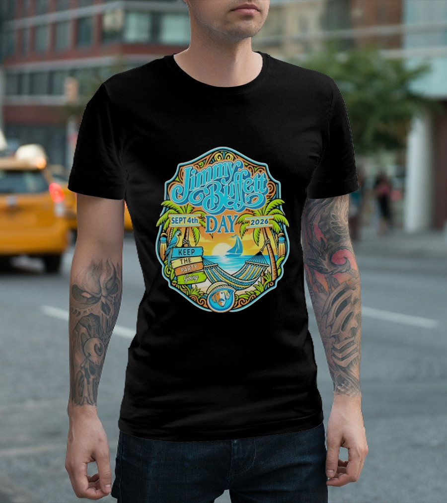 Jimmy Buffett Day Sept 4th 2026 Keep The Party Going Tropical Beach Hammock Scene T-Shirt
