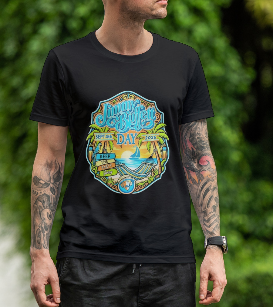 Jimmy Buffett Day Sept 4th 2026 Keep The Party Going Tropical Beach Hammock Scene T-Shirt