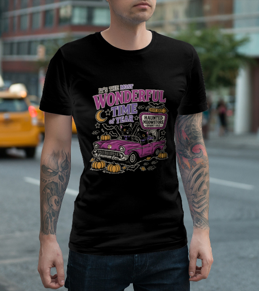 The Most Wonderful Time Of Year Halloween Cat And Pumpkins Retro Car T-Shirt
