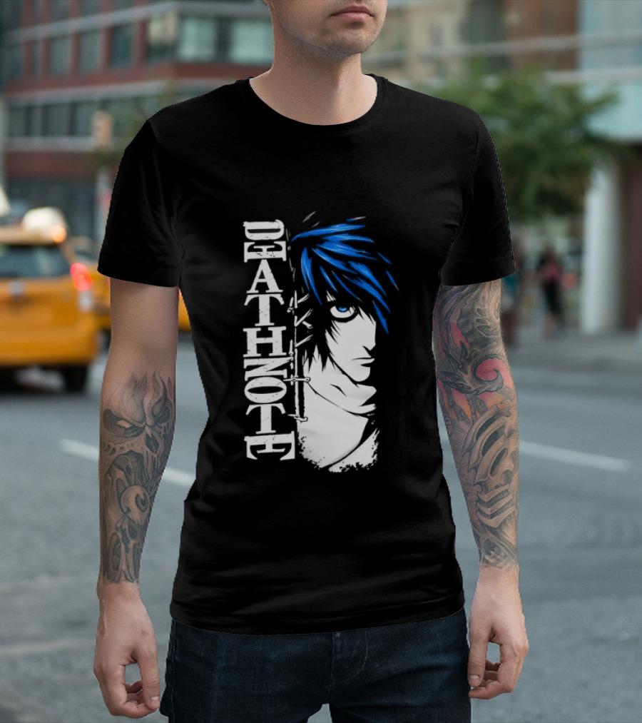 L From Death Note Distressed Anime Blue Hair White T-Shirt