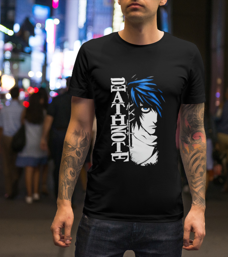 L From Death Note Distressed Anime Blue Hair White T-Shirt