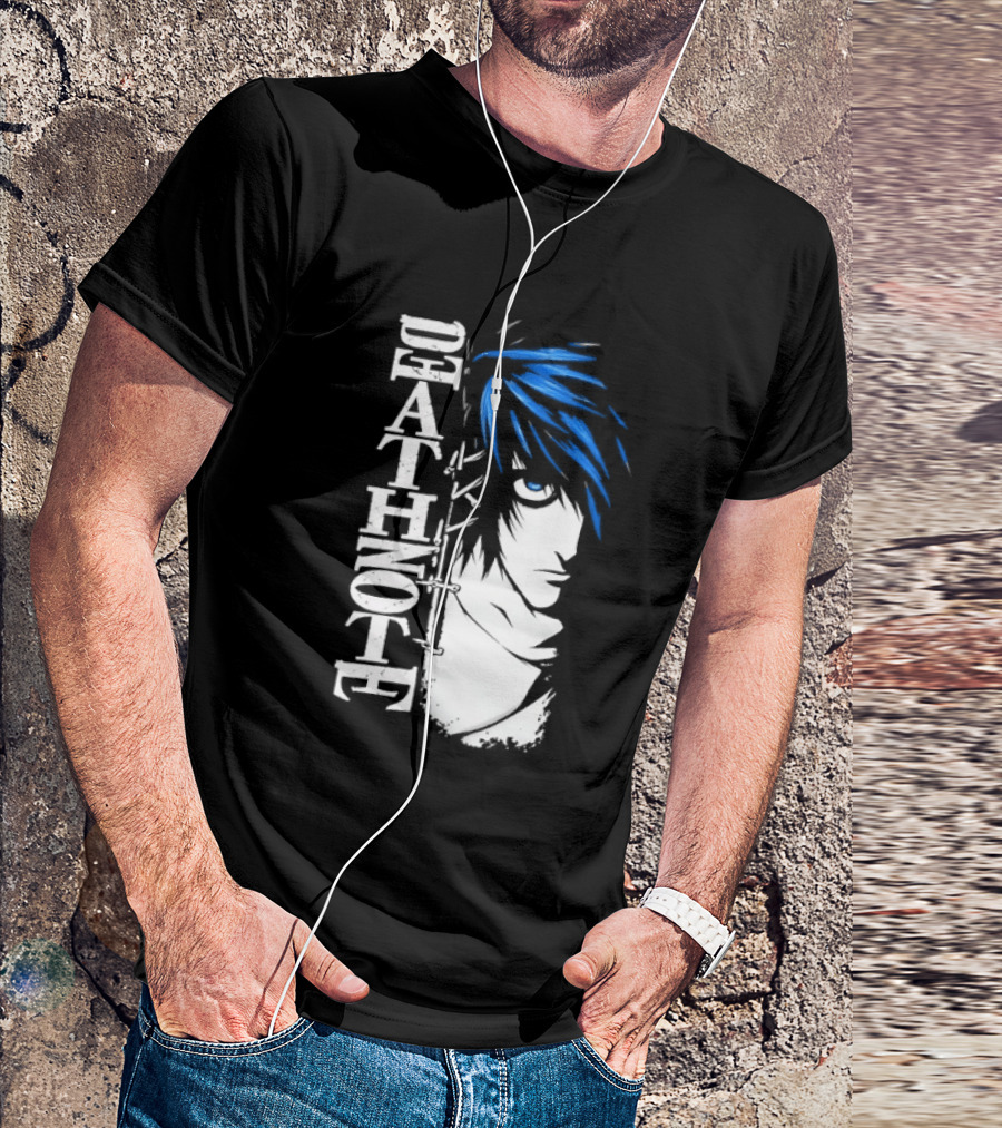 L From Death Note Distressed Anime Blue Hair White T-Shirt