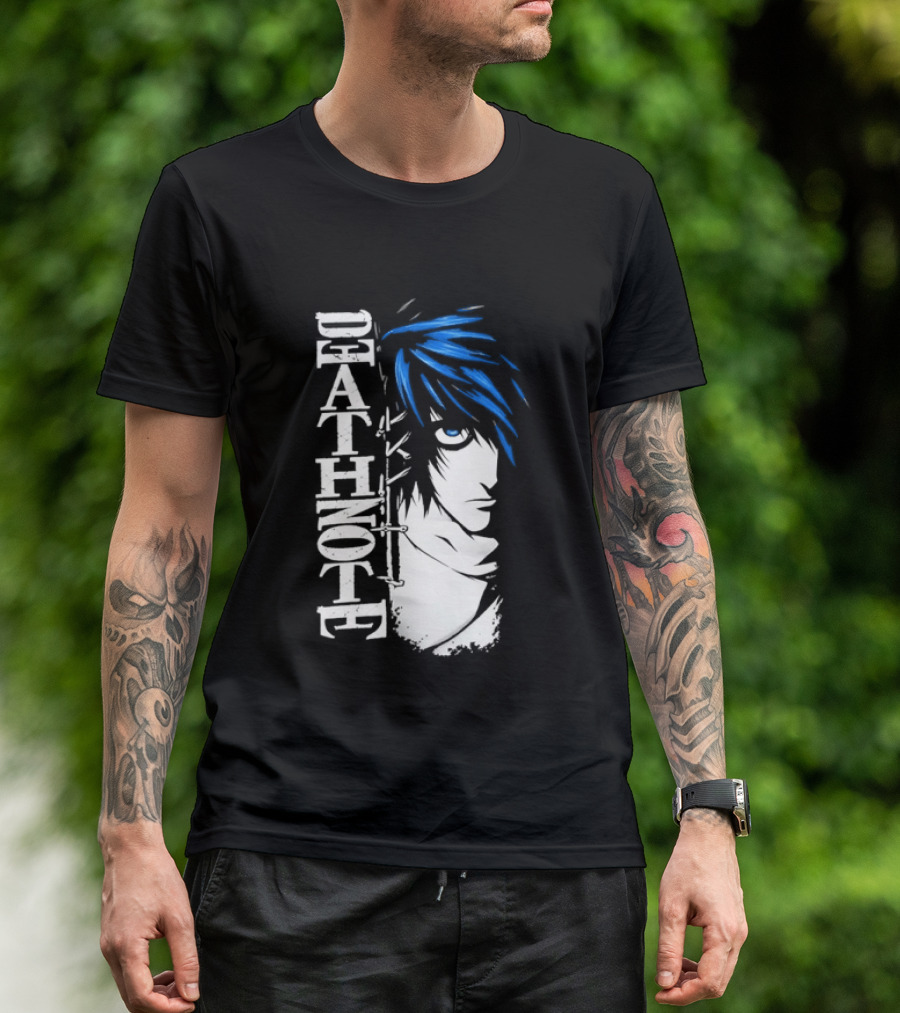 L From Death Note Distressed Anime Blue Hair White T-Shirt