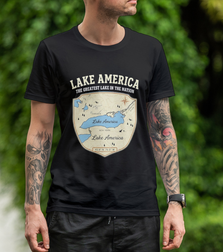 Lake America The Greatest Lake In The Nation Map Compass Cream T-Shirt