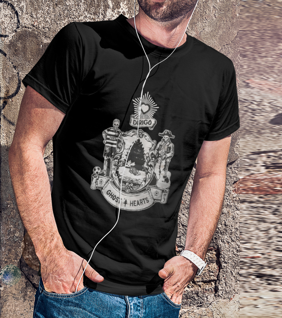 Dirigo Ghost Hearts Maine Crest With Skeleton Soccer And Guitar Players T-Shirt