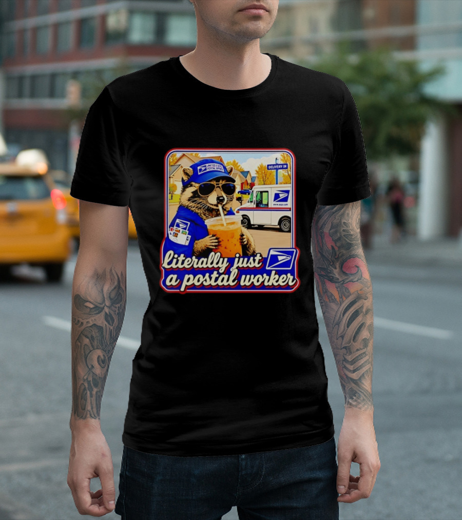 Literally Just A Postal Worker Raccoon With USA Postal Service Mail Truck Delivery Scene T-Shirt