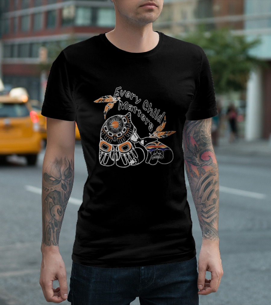 Every Child Matters Bear With Feathers And Rainbow Motif T-Shirt