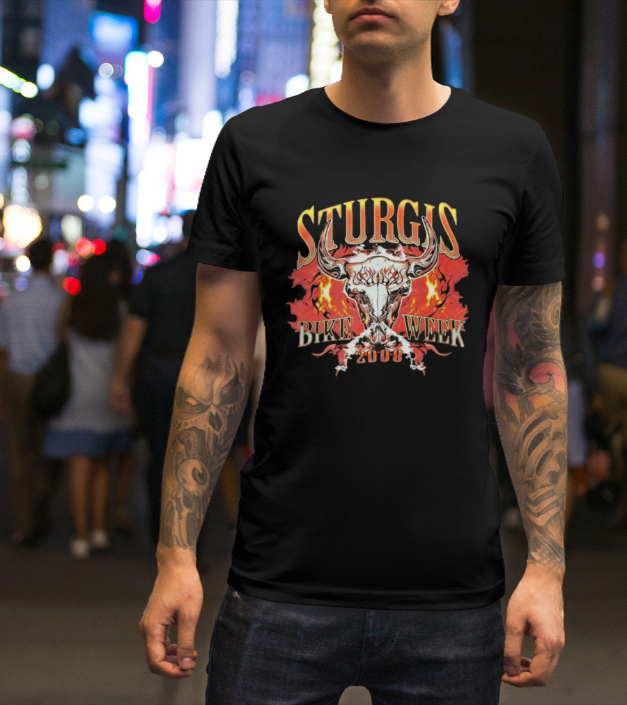 Sturgis Bike Week 2008 Flaming Bull Skull T-Shirt