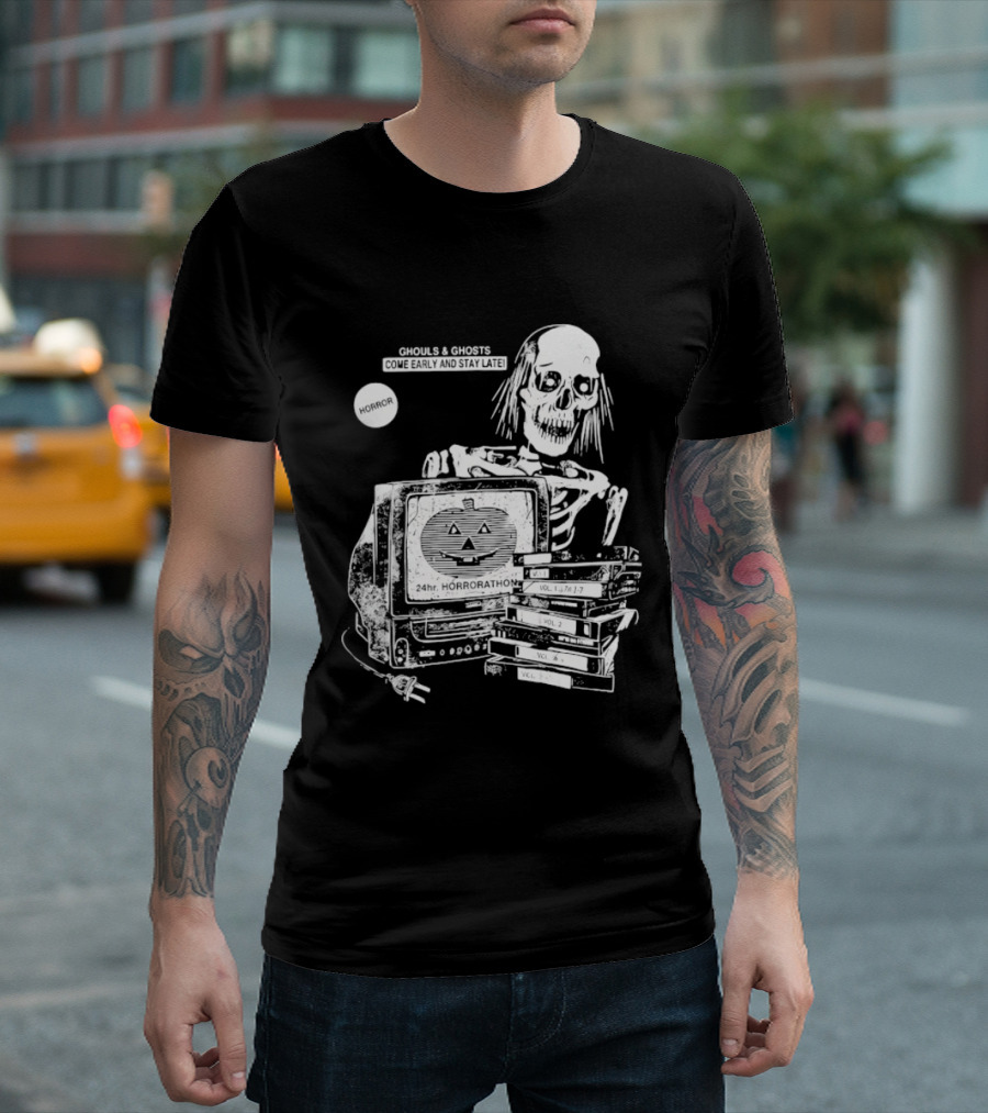 Ghouls And Ghosts 24hr Horrorathon Skeleton With TV And Pumpkin T-Shirt