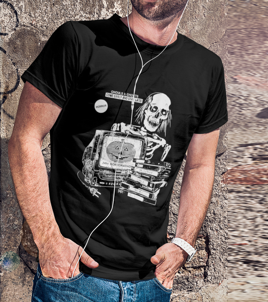 Ghouls And Ghosts 24hr Horrorathon Skeleton With TV And Pumpkin T-Shirt