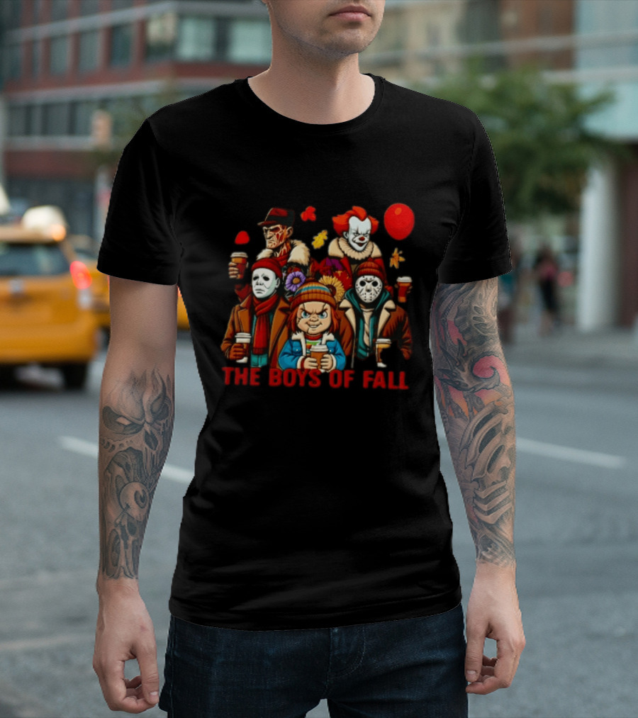 The Boys Of Fall Horror Movie Villains Holding Coffee Autumn Leaves Cartoon Balloons T-Shirt