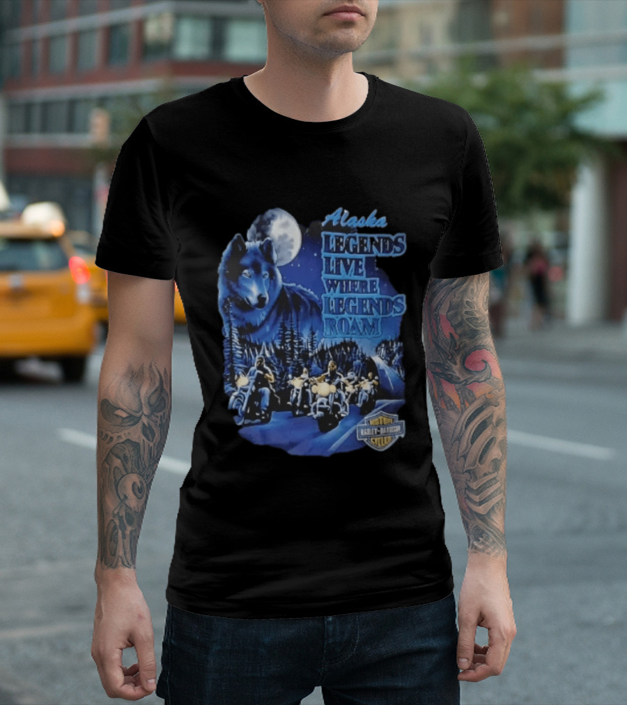 Alaska Legends Live Where Legends Roam Wolf Moon Motorcycles Forest Road T-Shirt