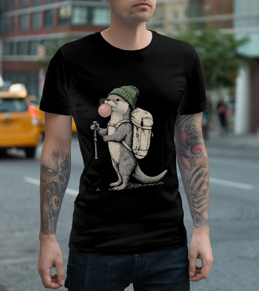 Hiking Otter Backpack Adventure With Bubble Gum T-Shirt