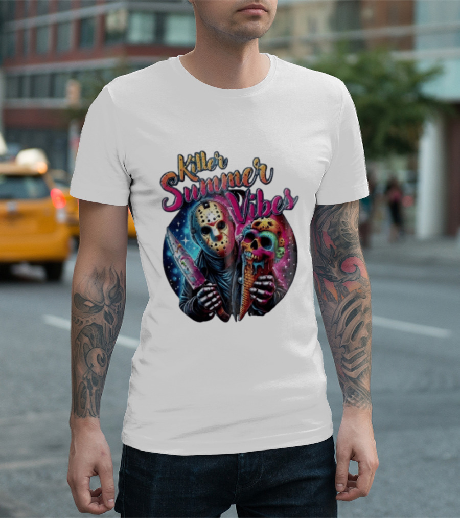 Killer Summer Vibes Hockey Mask Slasher Knife Skull Ice Cream Cone Cosmic T-Shirt