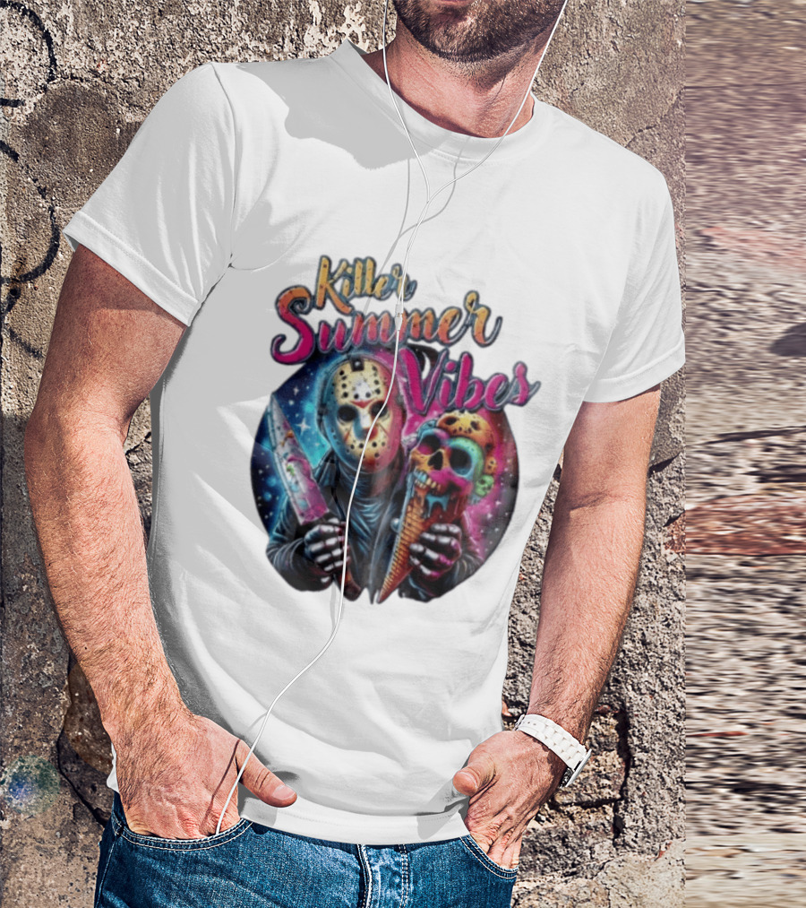 Killer Summer Vibes Hockey Mask Slasher Knife Skull Ice Cream Cone Cosmic T-Shirt