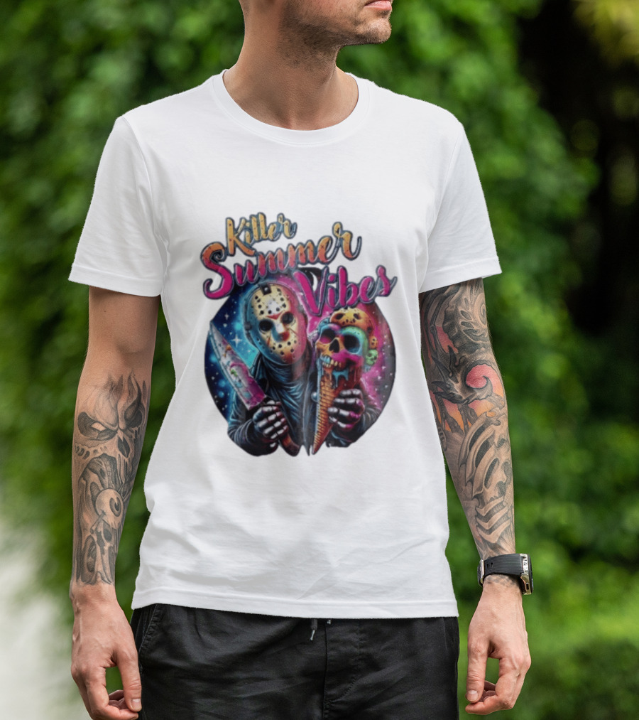 Killer Summer Vibes Hockey Mask Slasher Knife Skull Ice Cream Cone Cosmic T-Shirt