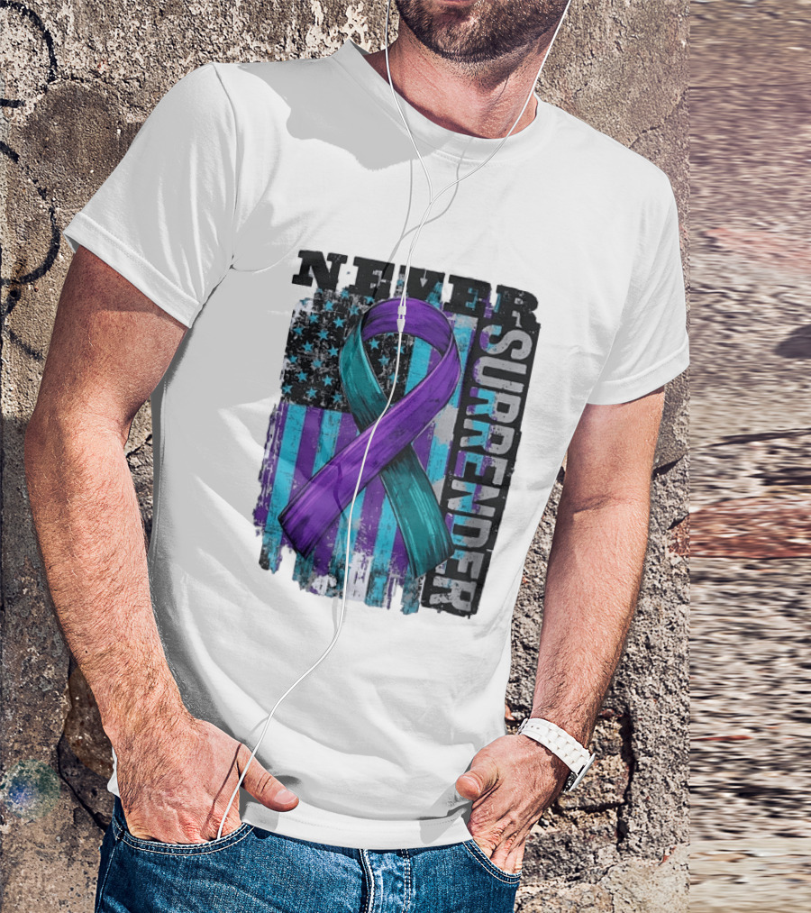 Never Surrender Teal And Purple Awareness Ribbon Distressed Flag T-Shirt