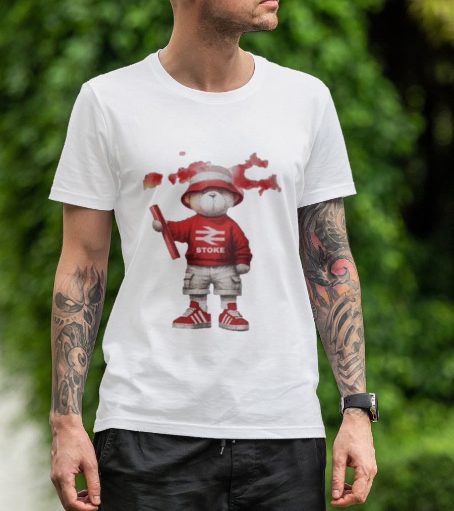Stoke Awaydays Bear With Flare Football Casuals Railway Logo Bucket Hat Red Sneakers T-Shirt