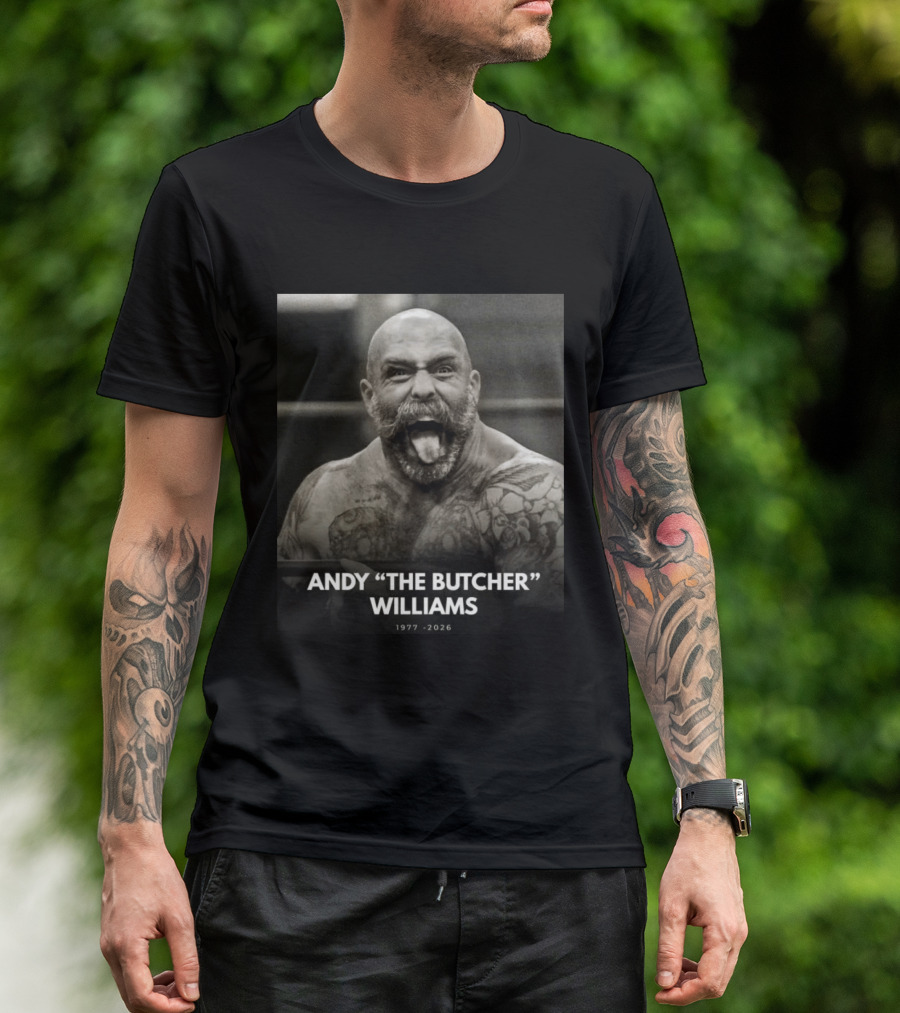 Andy The Butcher Williams 1977 2026 Tattooed Beard Black And White Image T-Shirt