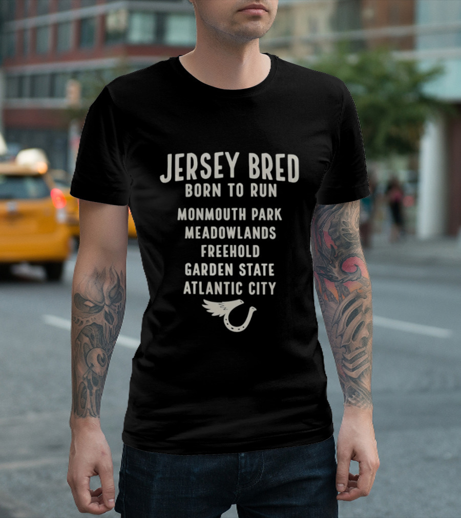 Jersey Bred Born To Run Monmouth Park Meadowlands Freehold Garden State Atlantic City Nike Winged Shoe T-Shirt