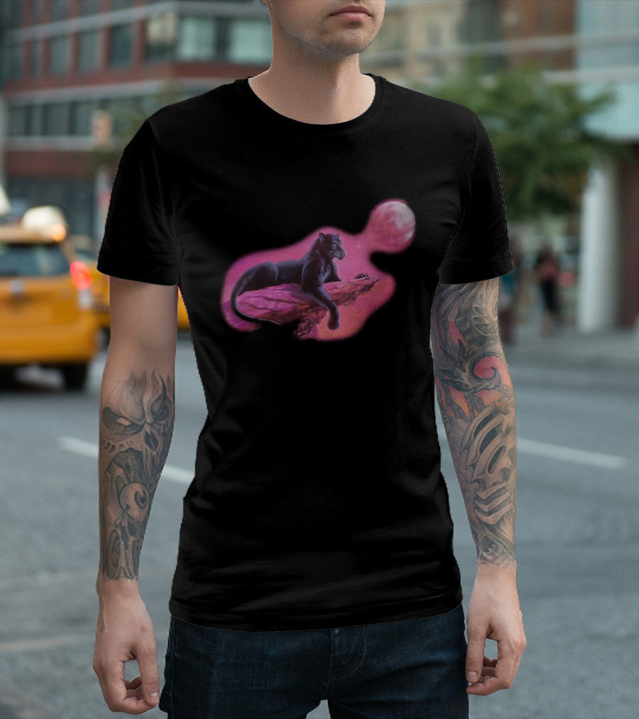 Black Panther On Rock With Pink Moonlit Night Sky T-Shirt