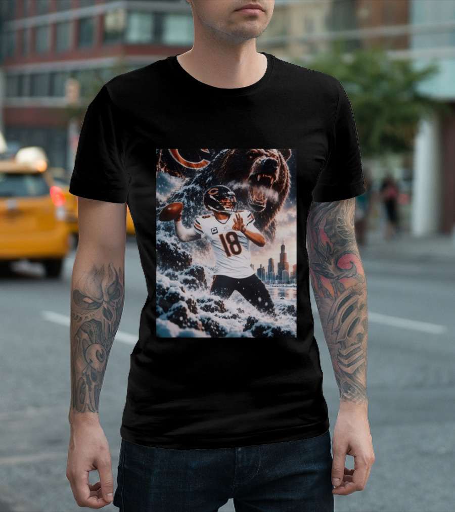Caleb Williams Chicago Bears Snowy Football Bear Quarterback Number 18 City Skyline T-Shirt
