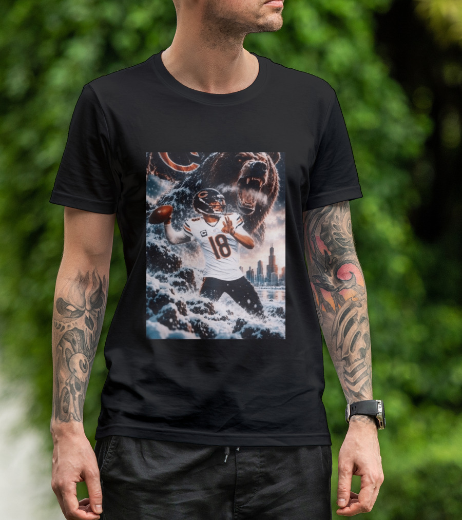 Caleb Williams Chicago Bears Snowy Football Bear Quarterback Number 18 City Skyline T-Shirt