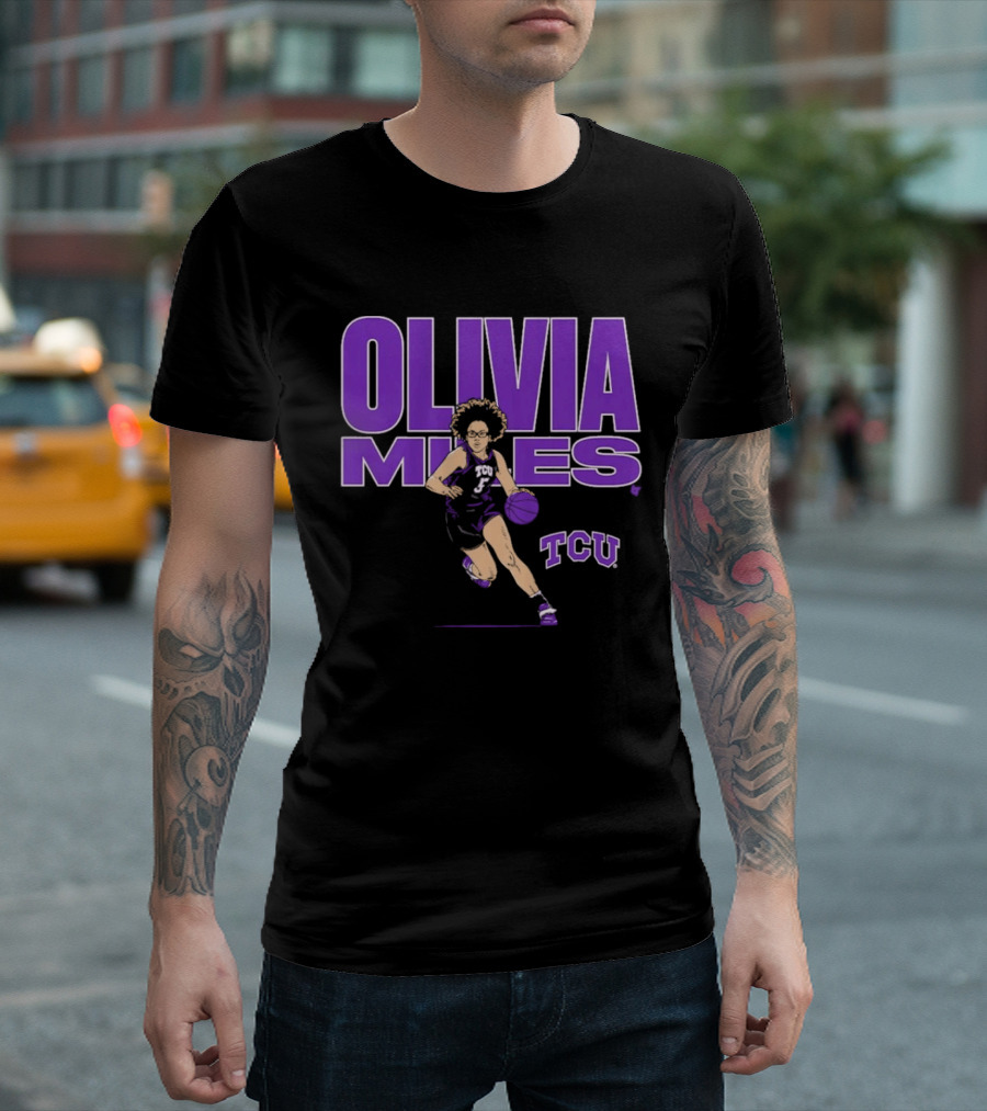 TCU Basketball Olivia Miles Name Pose Purple And White Basketball Player T-Shirt