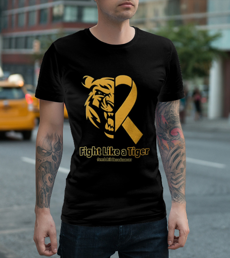Fight Like A Tiger Childhood Cancer Awareness Gold Ribbon T-Shirt
