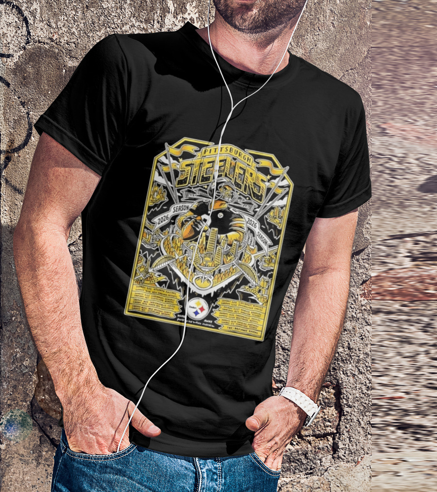 Pittsburgh Steelers 2026 Season Schedule Featuring Iconic Cityscape And Player T-Shirt