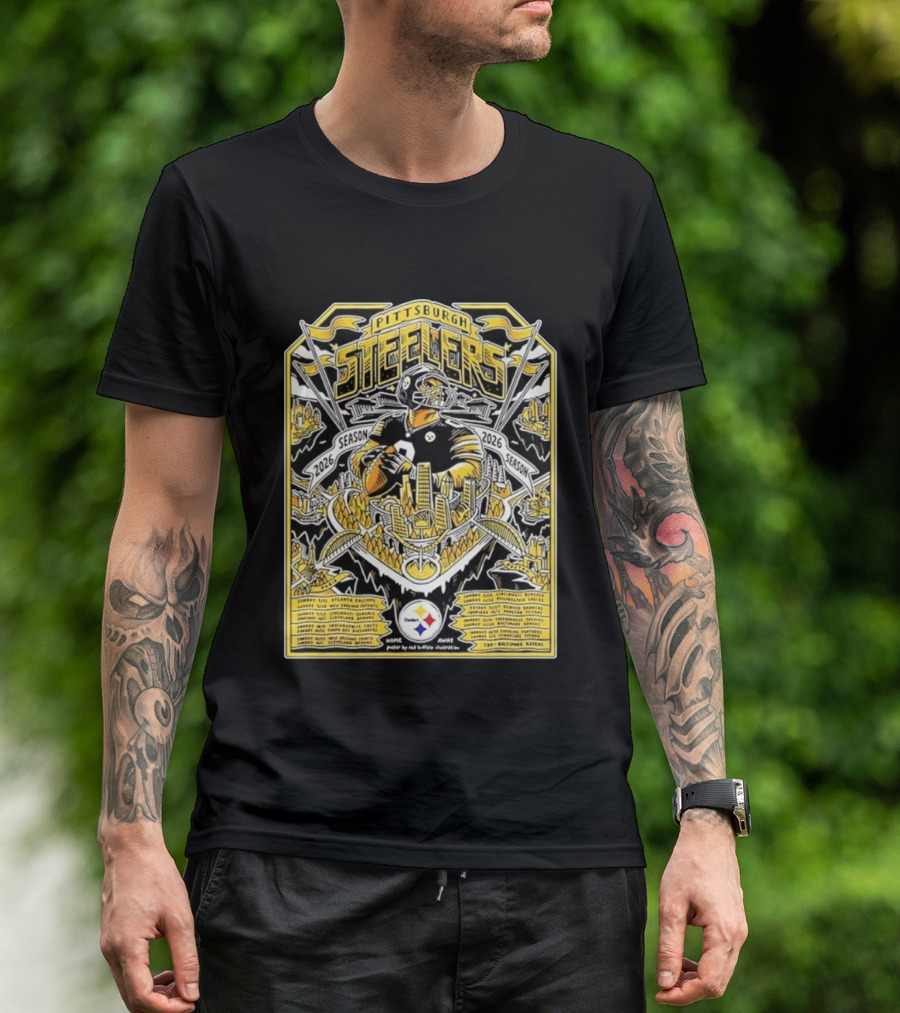 Pittsburgh Steelers 2026 Season Schedule Featuring Iconic Cityscape And Player T-Shirt