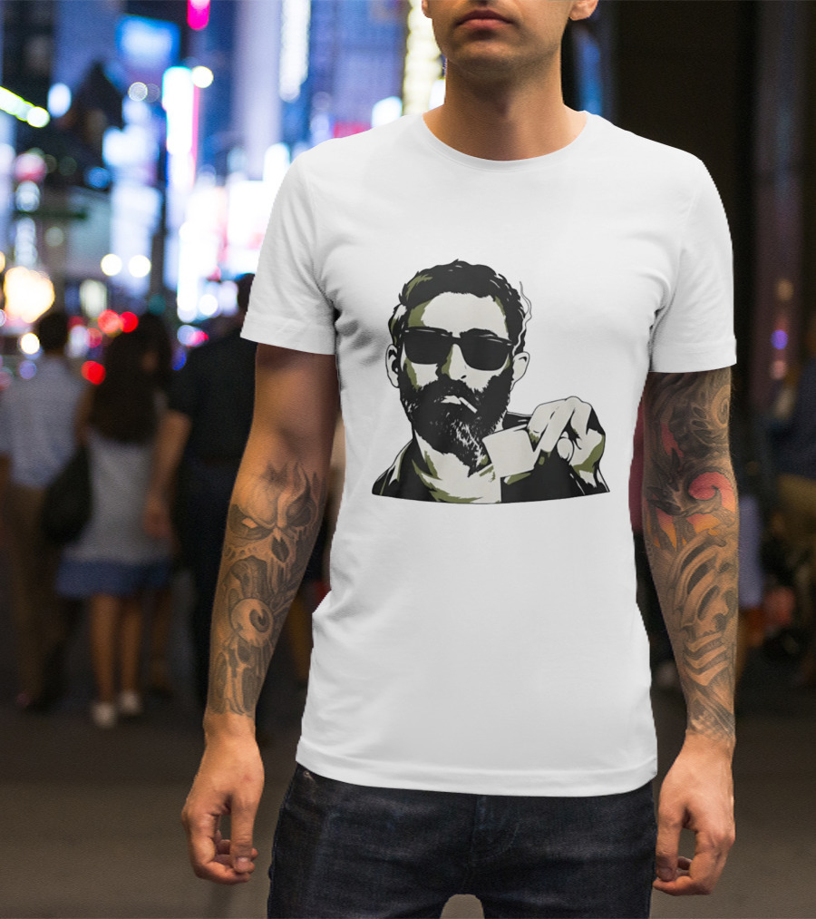 Bearded Man With Sunglasses Smoking Cigarette Holding Blank Card T-Shirt