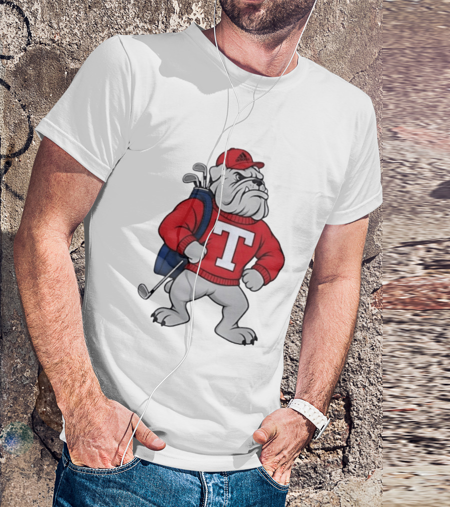 Bulldog Golf Mascot With Letter Sweater And Golf Bag T-Shirt
