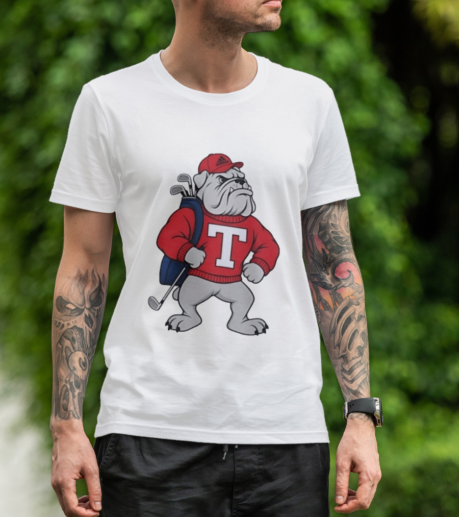 Bulldog Golf Mascot With Letter Sweater And Golf Bag T-Shirt