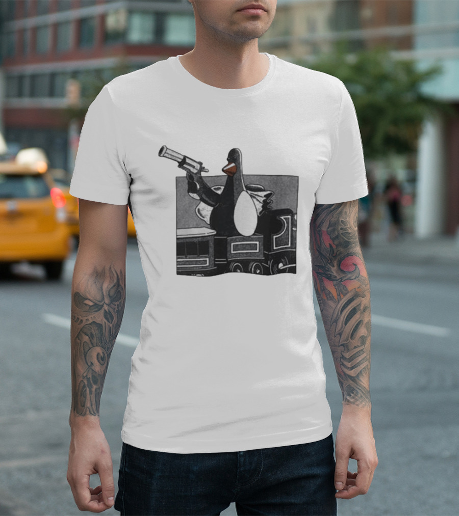 Evil Penguin With Gun On Train Vengeance Most Fowl McGraw T-Shirt