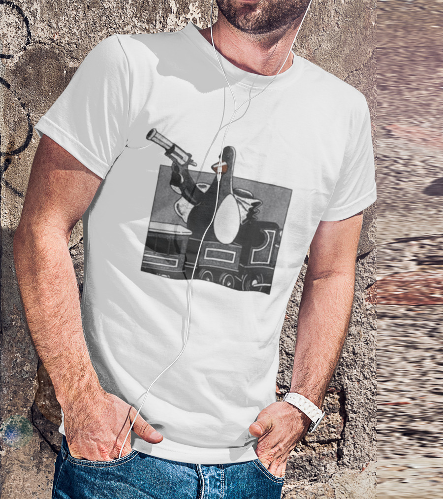 Evil Penguin With Gun On Train Vengeance Most Fowl McGraw T-Shirt