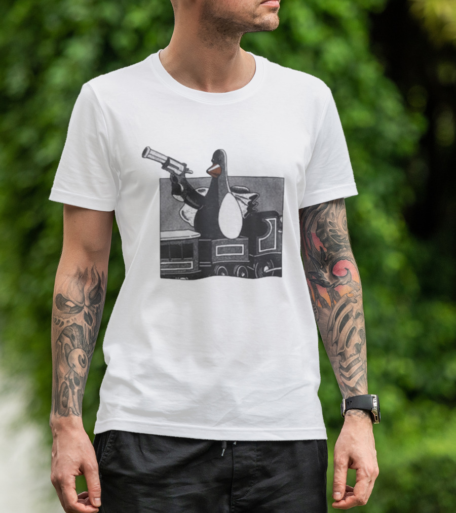 Evil Penguin With Gun On Train Vengeance Most Fowl McGraw T-Shirt