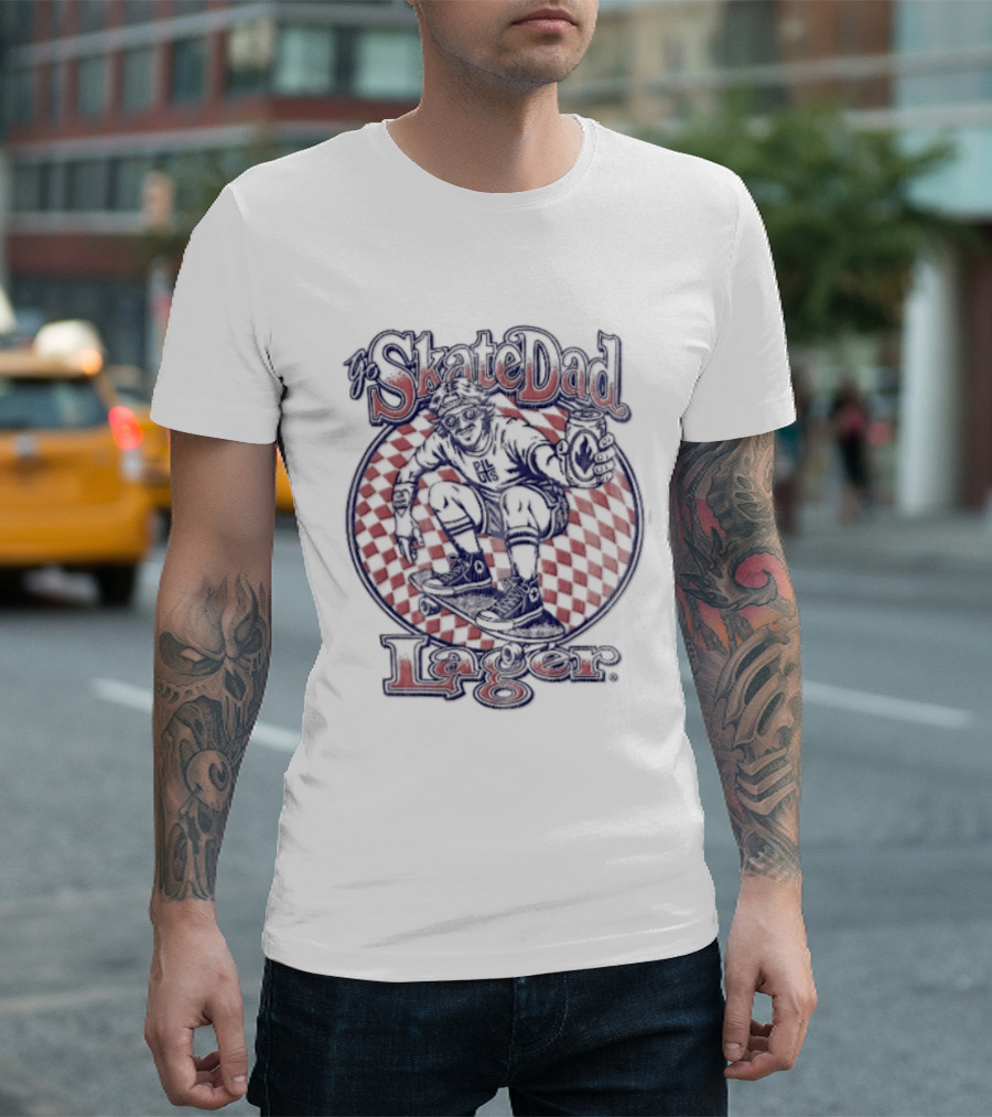 Skate Dad Lager Pils Beer Can Checkerboard Skater Riding T-Shirt