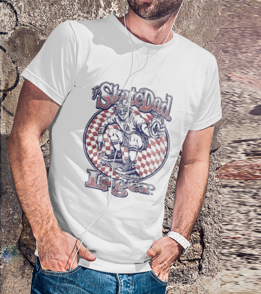 Skate Dad Lager Pils Beer Can Checkerboard Skater Riding T-Shirt
