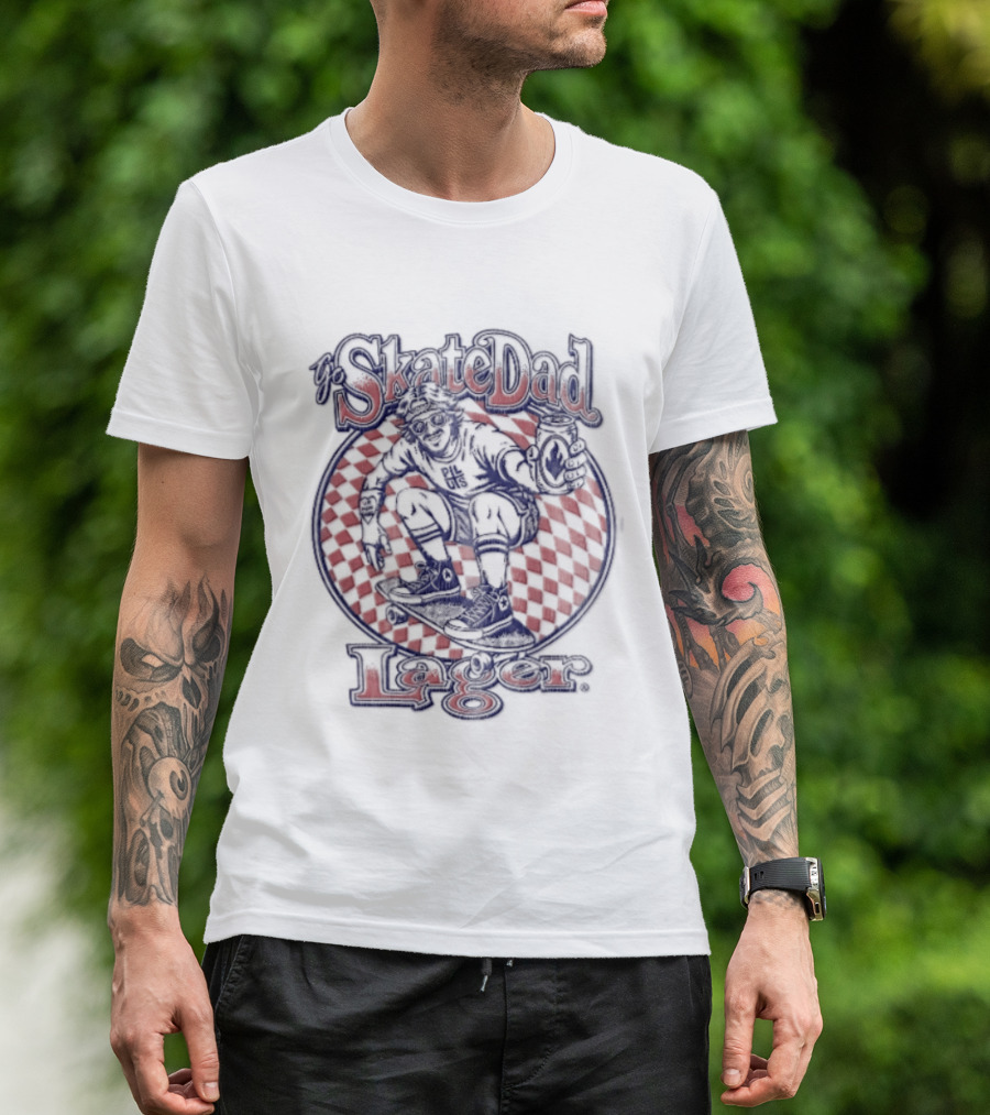 Skate Dad Lager Pils Beer Can Checkerboard Skater Riding T-Shirt
