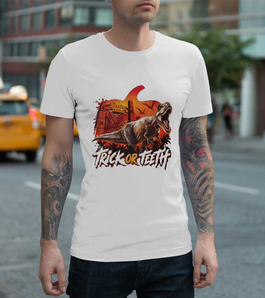 Jurassic World Trick Or Teeth Dinosaur Halloween Pumpkin Gate Rex T-Shirt