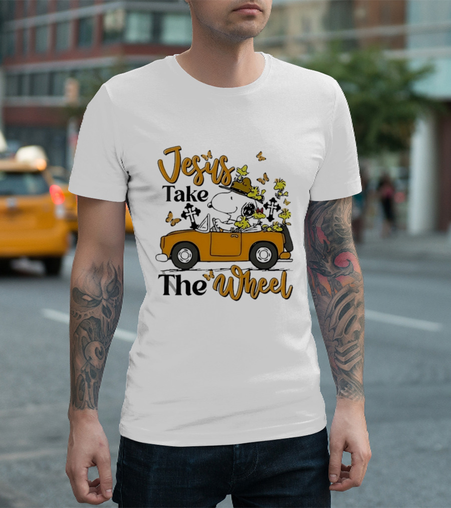 Snoopy Jesus Take The Wheel Butterflies Woodstock Driving Scene T-Shirt
