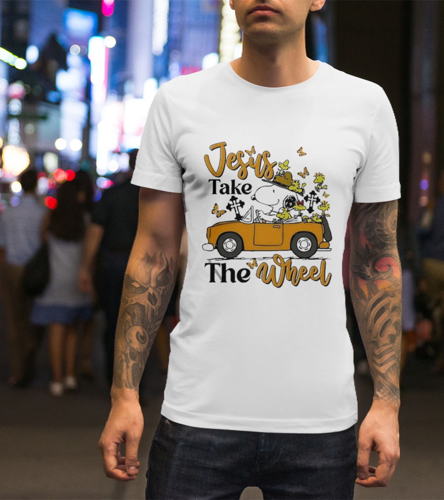 Snoopy Jesus Take The Wheel Butterflies Woodstock Driving Scene T-Shirt