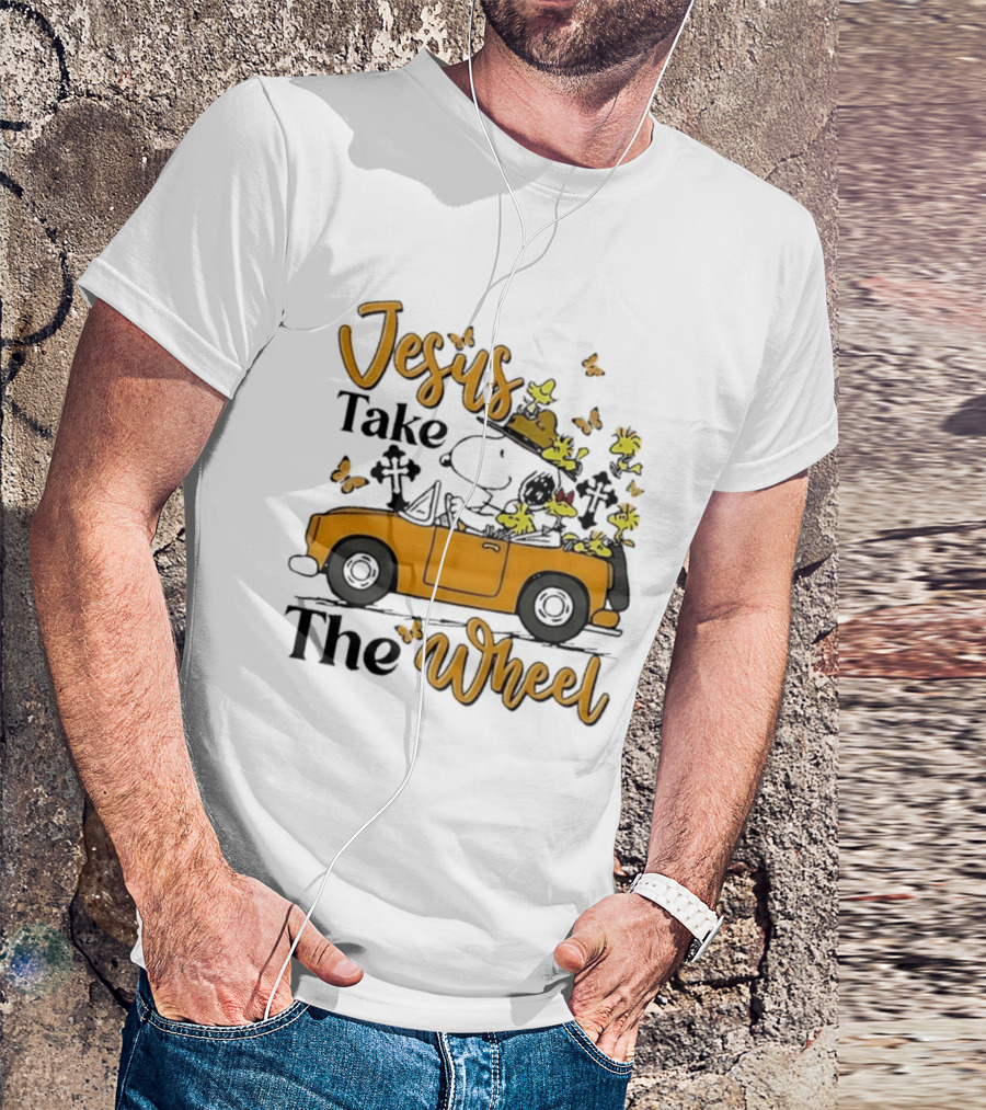 Snoopy Jesus Take The Wheel Butterflies Woodstock Driving Scene T-Shirt
