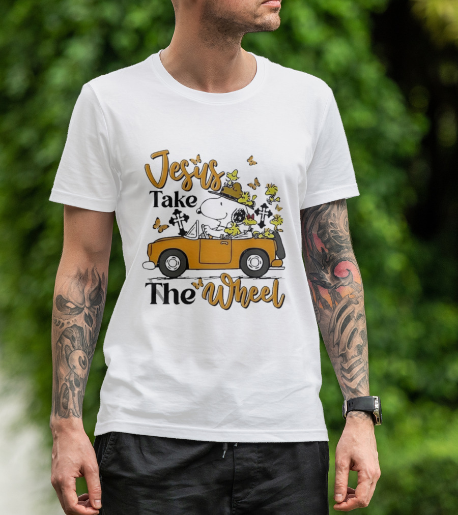 Snoopy Jesus Take The Wheel Butterflies Woodstock Driving Scene T-Shirt