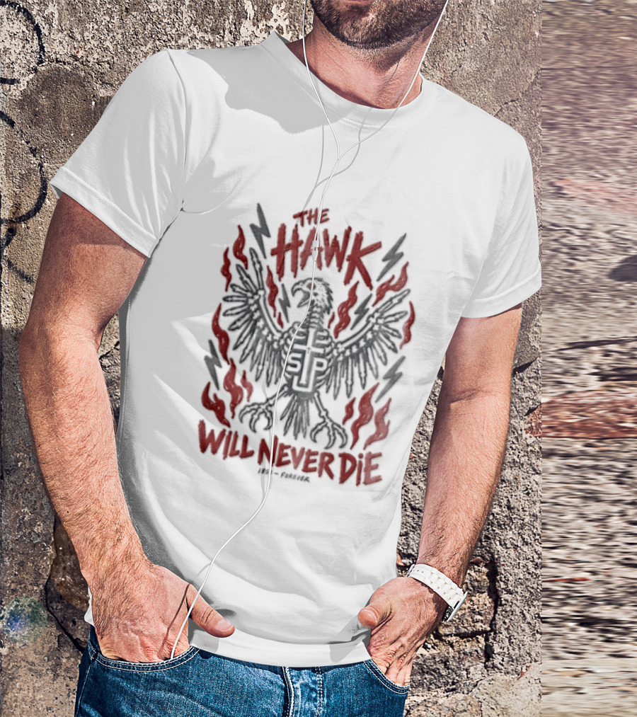 The Hawk Will Never Die 1851 Skeletal Bird Wings Cross Flames Lightning T-Shirt
